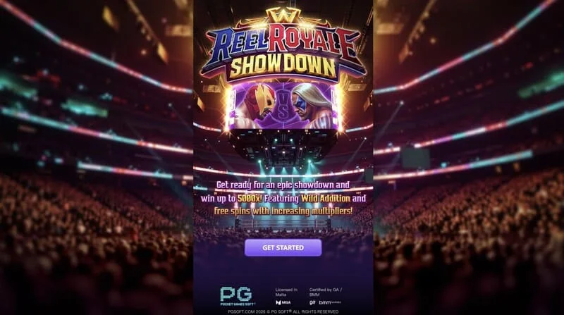 Reel Royale Showdown — galvenais ekrāns ar ruļļiem un trim Wild Addition slotiem